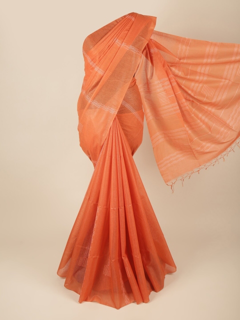 

Pothys Orange & White Striped Thread Work Jute Silk Saree