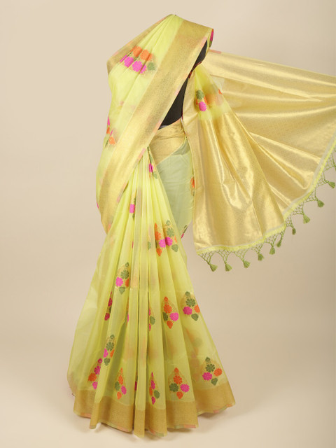 

Pothys Yellow & Pink Floral Organza Saree