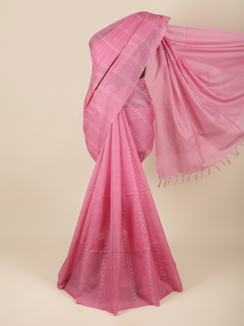 

Pothys Women Pink & White Striped Embroidered Jute Silk Saree
