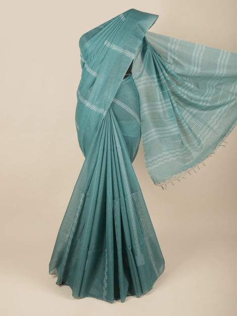 

Pothys Teal & White Woven Design Thread Work Jute Silk Saree