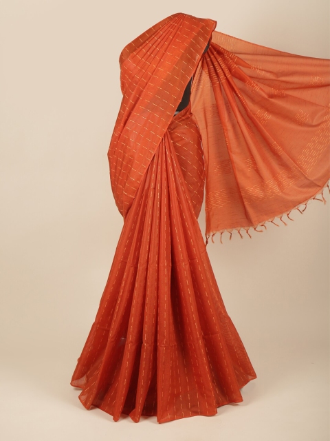 

Pothys Orange & White Striped Embroidered Jute Silk Saree