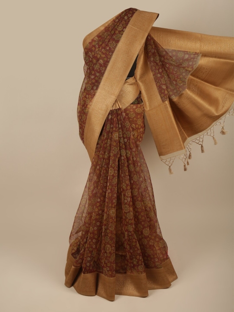 

Pothys Brown & Gold-Toned Floral Zari Organza Saree