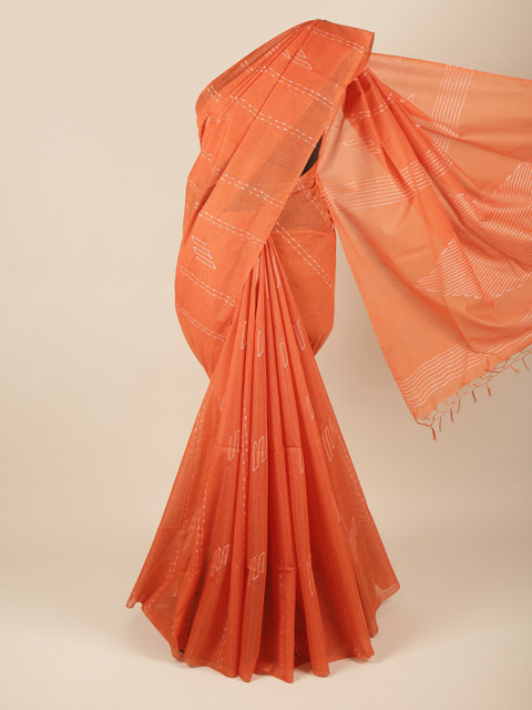 

Pothys Orange & White Embroidered Thread Work Jute Silk Saree