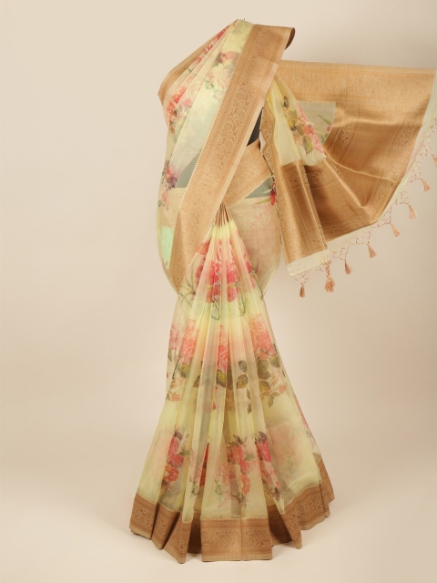

Pothys Yellow & Gold-Toned Floral Zari Organza Saree