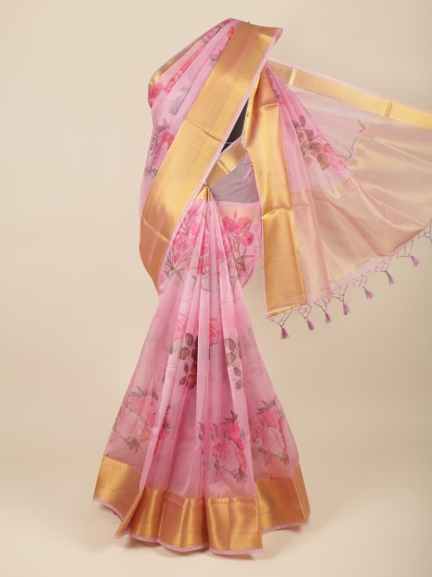 

Pothys Women Violet & Gold-Toned Floral Zari Organza Saree