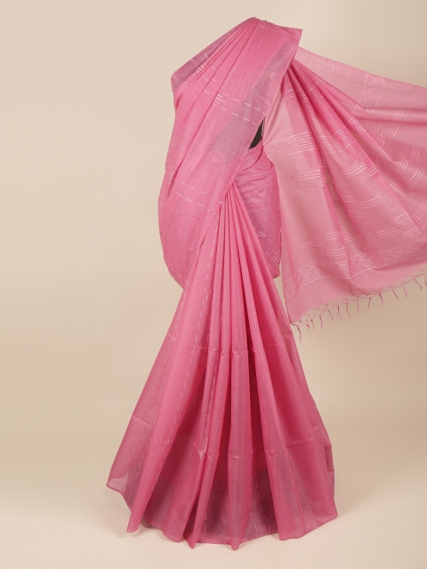 

Pothys Pink & White Striped Embroidered Art Jute Silk Saree