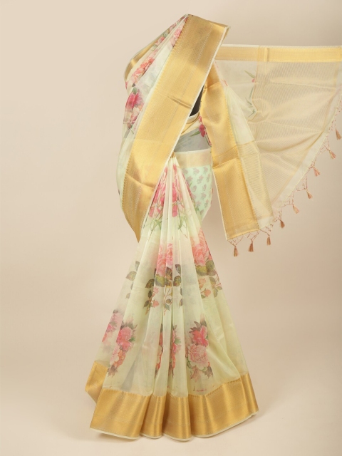 

Pothys Off White & Pink Floral Zari Organza Saree