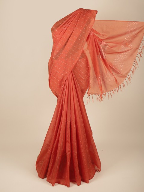 

Pothys Orange & White Striped Embroidered Jute Silk Saree