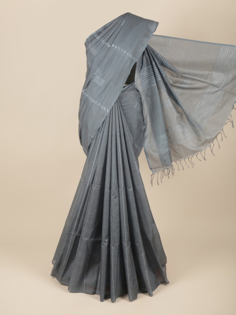

Pothys Grey & White Striped Thread Work Embroidered Jute Silk Saree