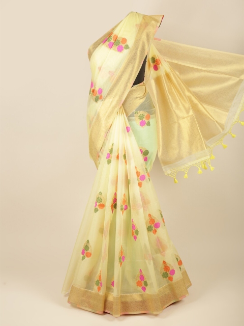 

Pothys Yellow & Pink Floral Jacquard Organza Saree