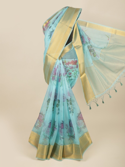 

Pothys Blue Floral Zari Organza Saree