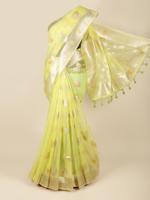 

Pothys Green & Gold-Toned Ethnic Motifs Zari Organza Saree