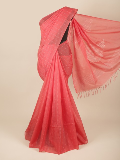 

Pothys Pink & White Striped Thread Work Embroidered Jute Silk Saree
