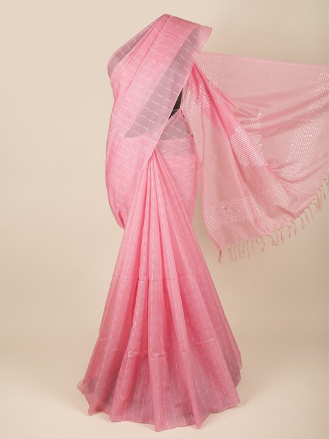

Pothys Pink Embroidered Striped Jute Silk Saree