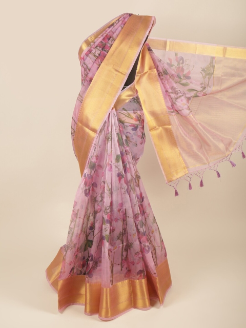 

Pothys Pink & Gold Floral Printed Organza Saree