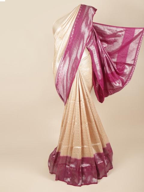 

Pothys Cream-Coloured & Silver-Toned Ethnic Motifs Zari Art Silk Banarasi Saree