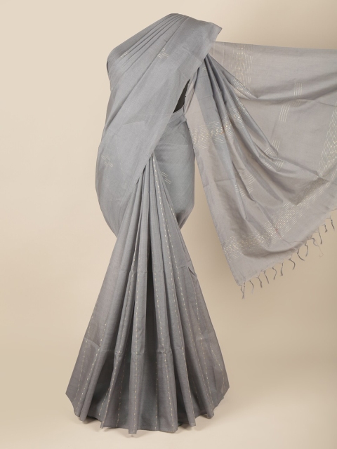 

Pothys Grey & White Striped Embroidered Art Jute Silk Saree