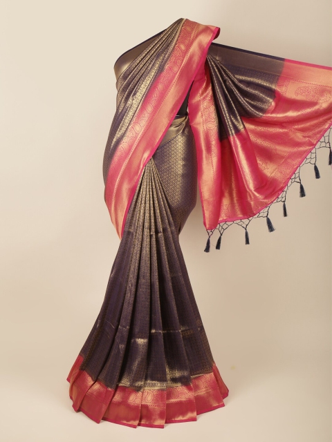 

Pothys Navy Blue, Red & Gold-Toned Ethnic Motifs Zari Art Silk Banarasi Saree