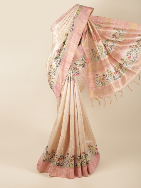 

Pothys Cream-Coloured & Pink Floral Zari Art Dupion Silk Saree