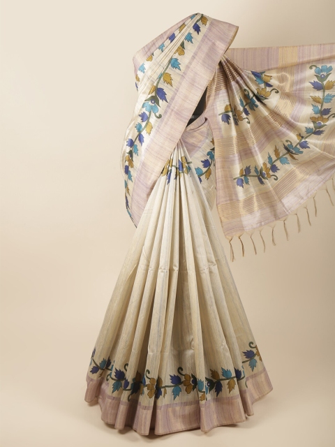 

Pothys Cream-Coloured & Blue Floral Zari Art Dupion Silk Saree