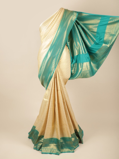

Pothys Cream-Coloured & Teal Woven Design Zari Art Silk Banarasi Saree