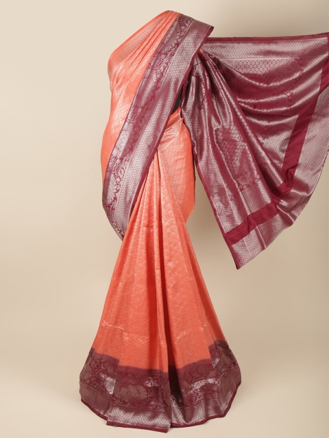

Pothys Peach-Coloured & Burgundy Floral Zari Art Silk Banarasi Saree