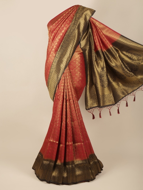 

Pothys Maroon & Coffee Brown Ethnic Motifs Art Silk Banarasi Saree