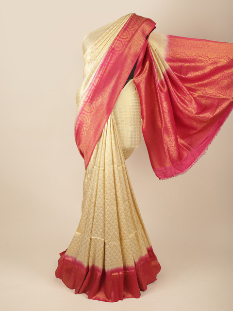 

Pothys Cream-Coloured & Pink Woven Design Zari Art Silk Banarasi Saree