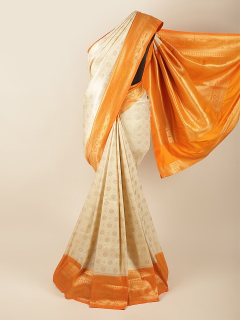 

Pothys Cream-Coloured & Orange Woven Design Zari Art Silk Banarasi Saree