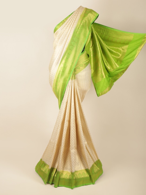 

Pothys Cream-Coloured & Green Woven Design Zari Art Silk Banarasi Saree
