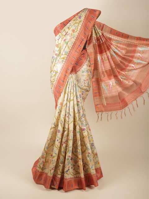

Pothys Cream-Coloured & Orange Floral Zari Art Silk Saree