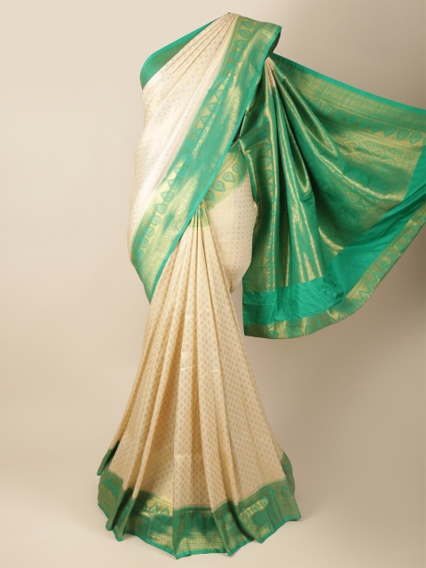 

Pothys Cream & Green Ethnic Motifs Art Silk Banarasi Saree