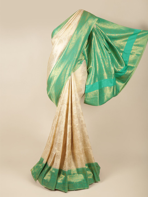 

Pothys Cream-Coloured & Green Woven Design Zari Art Silk Banarasi Saree