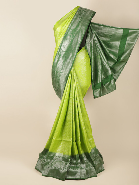 

Pothys Green & Silver-Toned Floral Zari Art Silk Banarasi Saree