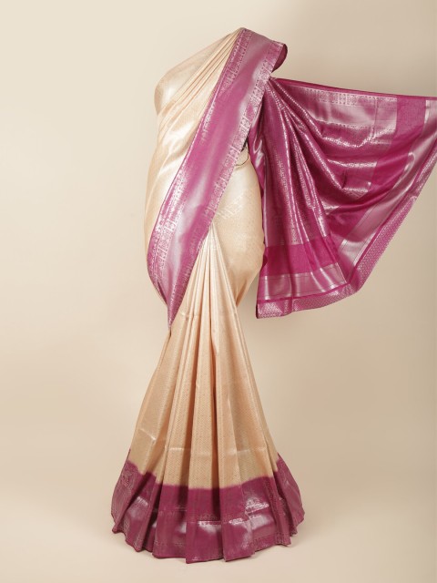 

Pothys Cream-Coloured & Purple Woven Design Zari Art Silk Banarasi Saree
