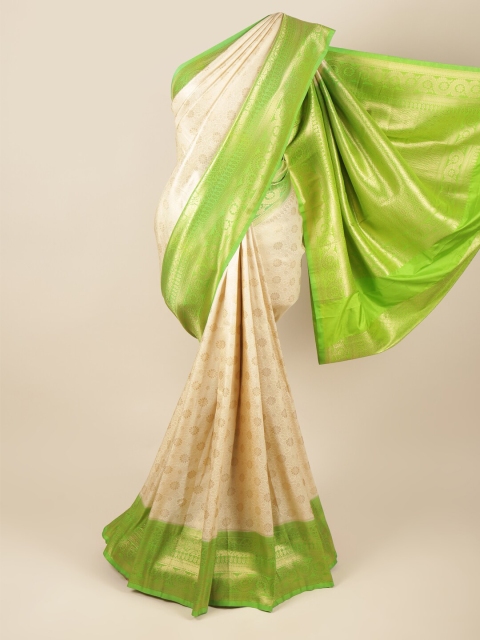 

Pothys Cream-Coloured & Green Ethnic Motifs Zari Art Silk Banarasi Saree