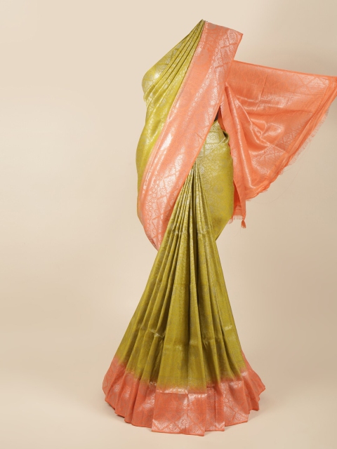 

Pothys Green & Peach Silver-Toned Woven Design Art Silk Banarasi Saree