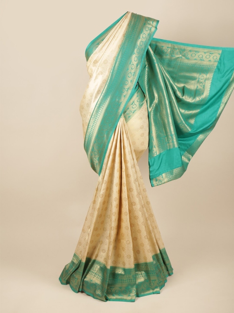 

Pothys Cream-Coloured & Green Floral Zari Art Silk Banarasi Saree