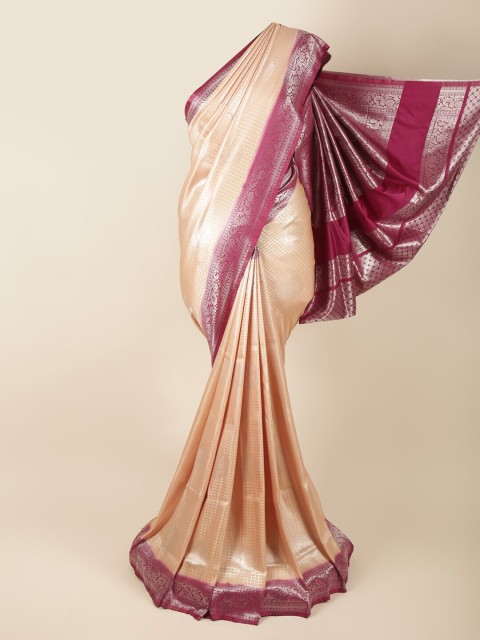 

Pothys Cream & Purple Silver-Toned Woven Design Art Silk Banarasi Saree