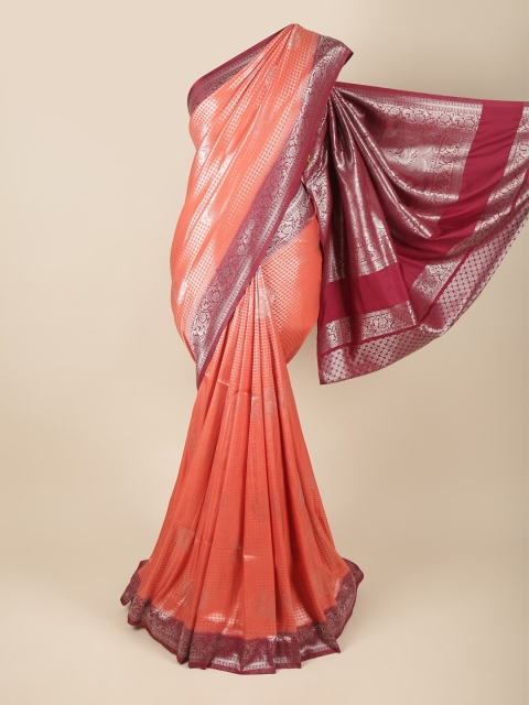 

Pothys Coral & Maroon Ethnic Motifs Art Silk Banarasi Saree