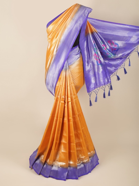 

Pothys Orange & Silver-Toned Ethnic Motifs Zari Art Silk Banarasi Saree