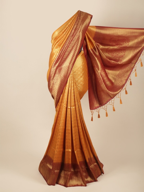 

Pothys Mustard & Gold-Toned Ethnic Motifs Zari Art Silk Banarasi Saree