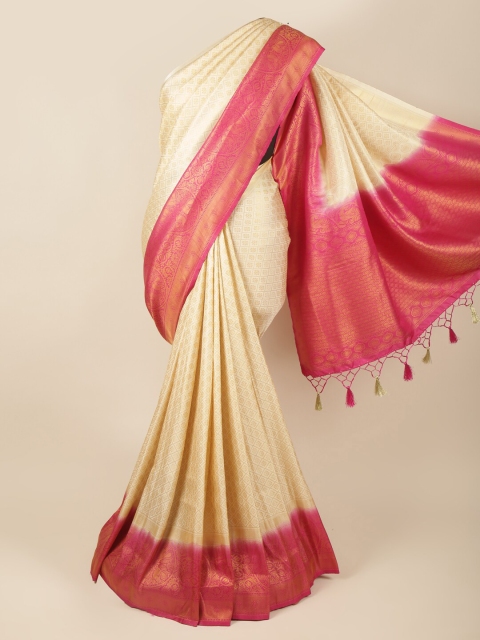 

Pothys Cream-Coloured & Pink Woven Design Banaras Saree
