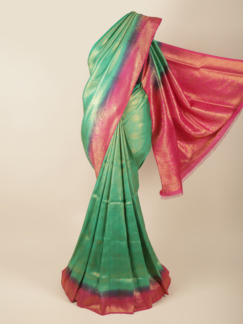 

Pothys Green & Pink Gold-Toned Woven Design Art Silk Banarasi Saree