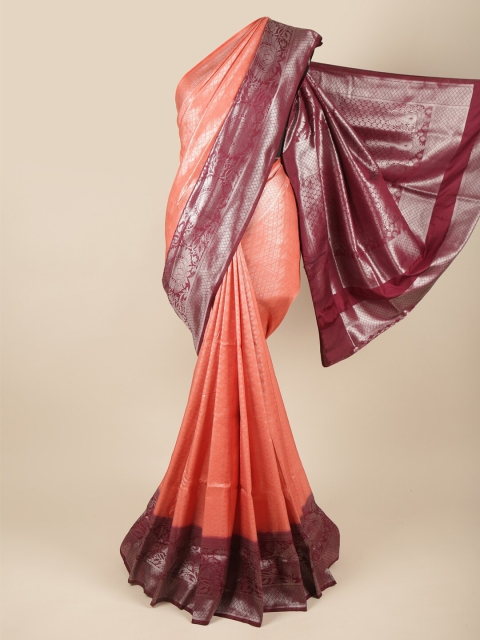 

Pothys Pink & Brown Silver-Toned Woven Design Art Silk Banarasi Saree