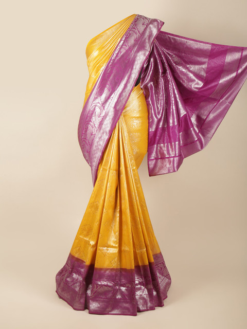 

Pothys Yellow & Purple Ethnic Motifs Art Silk Banarasi Saree
