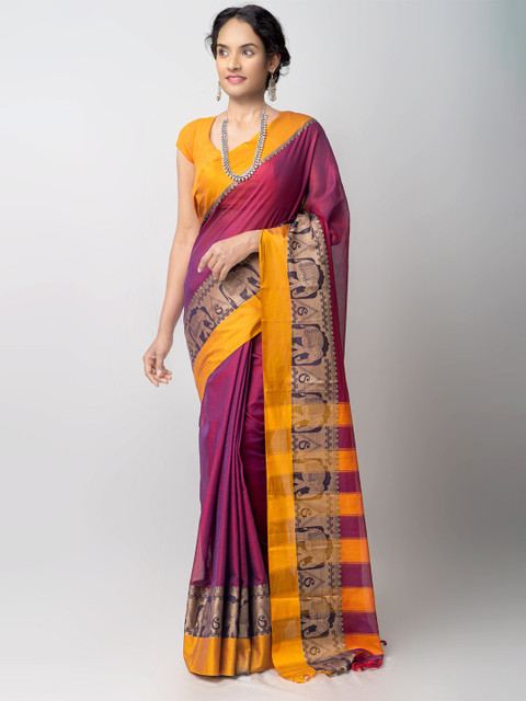 

Unnati Silks Purple & Yellow Woven Design Pure Handloom Narayan Peth Cotton Saree