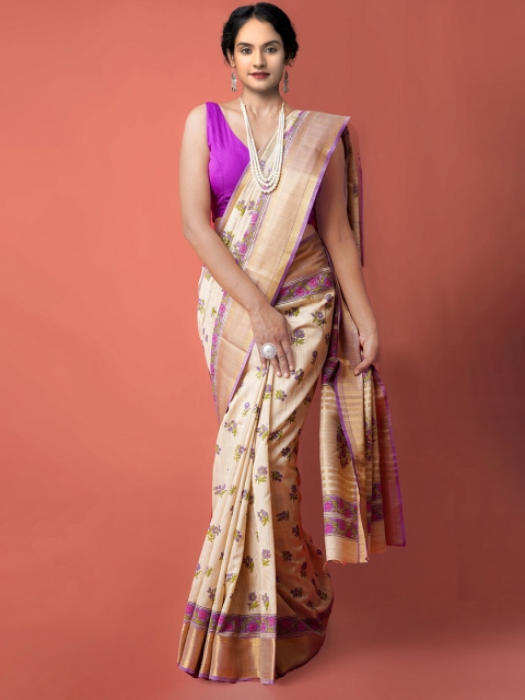 

Unnati Silks Cream-Coloured & Purple Floral Zari Silk Cotton Maheshwari Saree