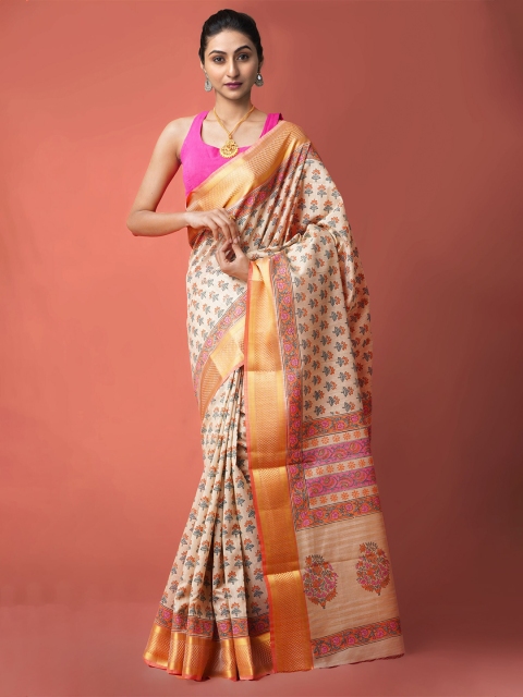 

Unnati Silks Brown & Pink Ethnic Motifs Printed Silk Cotton Maheshwari Saree