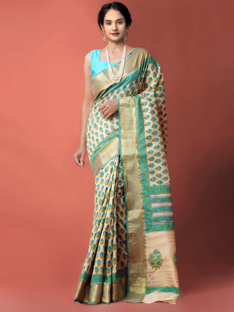 

Unnati Silks Cream-Coloured & Blue Ethnic Motifs Zari Silk Cotton Maheshwari Saree
